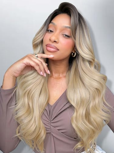 HANNE 13*6 Lace Front Wigs for Black Women Synthetic Pre Plucked Wavy Filp Curl Futura Fiber Glueless Wig Ombre Blonde Wigs HD lace frontal Wig Hair Replacement Wigs for Every Occasion (Ombre Blonde)