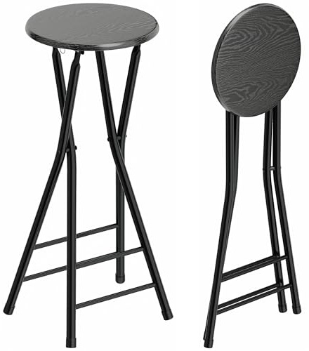 HOMCOM Set 2 Sgabelli Bar Pieghevoli, Sgabelli Cucina Alti Rotondi con 2 Poggiapiedi, Struttura in Legno e Acciaio, Sedie Bar Alte, per Penisola, Nero