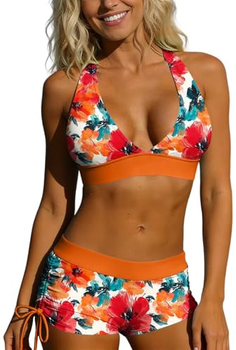 Maillot de Bain Femme 2 Pièces Bikini Dos Nu Sport Shorty Imprimé Taille Haute Bikini Set V-Cou Swimwear Haut Triangle Réglable Taille Mid Waisted Rembourré Maillot