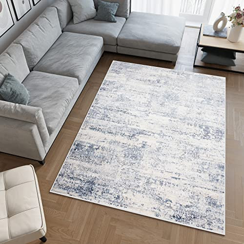 TAPISO Sky Teppich Kurzflor Modern Creme Blau Grau Meliert Design Vintage Wohnzimmer Schlafzimmer Patchwork 3D Optik ÖKOTEX 140 x 200 cm