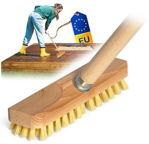 Schrubber und Holzstiel mit Borsten| Wischer mit Gewinde| Scheuerbürste PPN| Boden-Bürste| Ideal für Reinigung von Balkon Terrasse Garten Innen- Außenbereich wurzelbürste