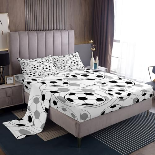 Feelyou Football Bed Sheet Set Soccer Ball Sports Pattern Bedding Sheets for Kids Boys Girls Sports Theme Bedding Fitted Sheet Ball Competition Games Bed Cover Bedroom Collection 4Pcs Full Size