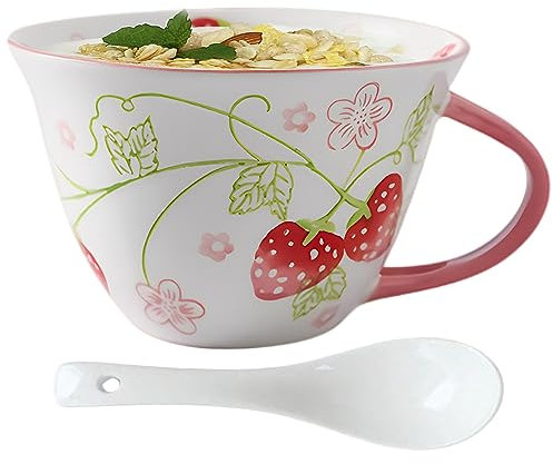 NIUKOMY Tazas Grande Desayuno, Taza de Café de Porcelana con Cuchara, 600ML Tazón de Té con Asa para Cappuccino Leche Sopa, Taza de Fresa Pintado