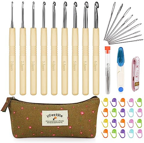 Aeelike Bambusgriff Häkelnadel Set für Anfänger, Arthritische Hände, Ergonomische Häkelset mit Tragetasche und Häkelzubehör, 2,0-6,0 mm Leichte Starter Häkelnadeln Set mit Glatt Aluminium Hakenkopf
