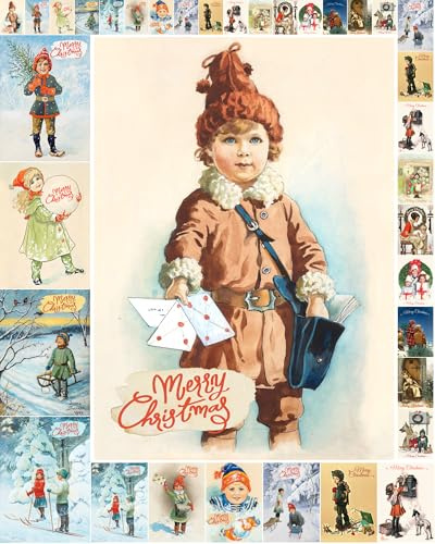 Decoupage Paper Pack (35 Sheets 6x8) Young Siblings Playing in The Snow and Preparing for Christmas FLONZ Vintage Illustration Pictures Cards for Decoupage, Craft and Scrapbooking