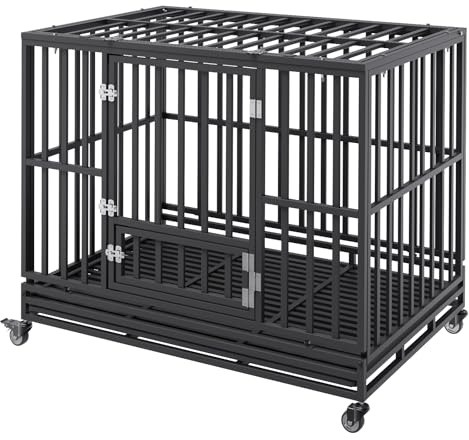 VEVOR 47 Inch Heavy Duty Dog Crate, 3-Door Indestructible Kennel for Medium to Large Dogs With Lockable Wheels and Removable Tray, High Anxiety Crate for Indoor & Outdoor