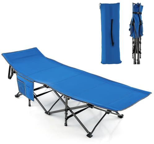 SOARS Lit de camp pliable avec poche latérale et sac de transport, lit d'appoint stable jusqu'à 272 kg, chaise longue de jardin en tube métallique et tissu Oxford, chaise longue pour l'extérieur,