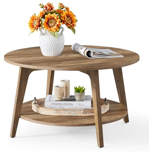 VASAGLE MAEZO Collection - Round Coffee Table, 2-Tier Center Table with Storage, Tapered Legs, Curved Transitions, 31.5 Dia. x 17.7 H Inches, Easy Assembly, for Living Room, Honey Brown ULCT243K41