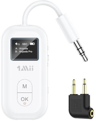 1Mii Flugzeug Bluetooth 5.3 Adapter für 2 Kopfhörer/Airpods, aptX Adaptive & Low Latency Bluetooth Sender Empfänger, Kabelloser Audio Transmitter Klinke 3,5 für TV/Stereoanlage/Gym/Auto