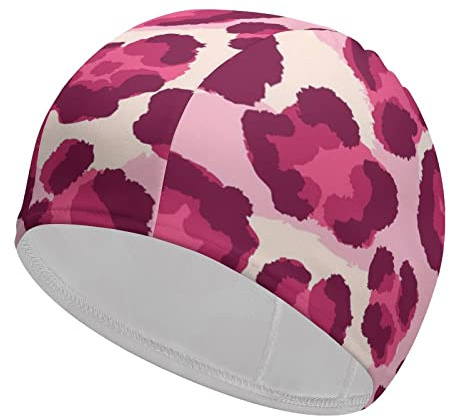 Buytruew Cuffia da nuoto unisex con stampa leopardata rosa per capelli corti e lunghi cuffie da nuoto per donne e uomini, cappelli da bagno da piscina con stampe