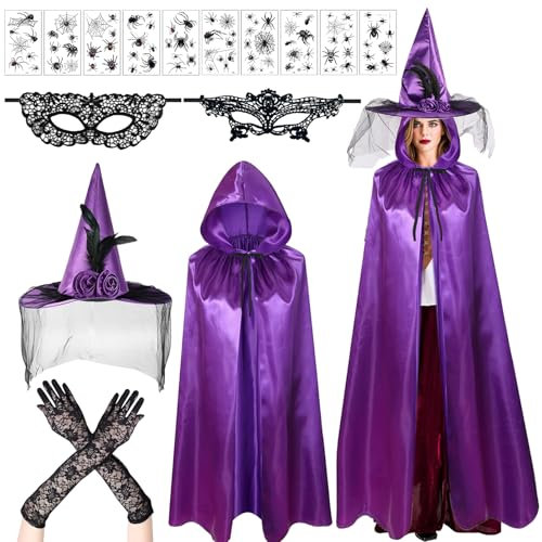 Deguisement Sorciere Femme 16 Pièces, Halloween Cape à Capuche Vampire, Chapeau Sorciere Femme, Cape Médiévale à Capuche, Costumes d'halloween pour Femme, pour Cosplay, Halloween, Carnaval