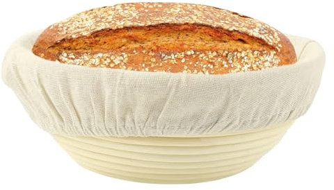 23cm Round Banneton Proofing Basket - Natural Rattan Sourdough Proving Basket With Linen Cloth Liner for Bread Making, Dough Rising - Professional Home Bakers