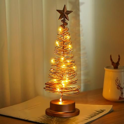 Kleiner Weihnachtsbaum mit Beleuchtung, Weihnachtsdeko Metall Mini Weihnachtsbaum mit Lichterkette, LED Weihnachtsdeko Tisch Weihnachtsbaum mit Stern, Modern Weihnachtsbeleuchtung Lichterbaum (Gold A)