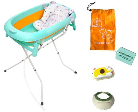 JIRAFFITY | Bañera plegable bebé con soporte – bañera bebé con patas, cojin ajustable, tapón termosensible, 0-3 años – bañera bebe plegable con estructura estable y bolsa de baño