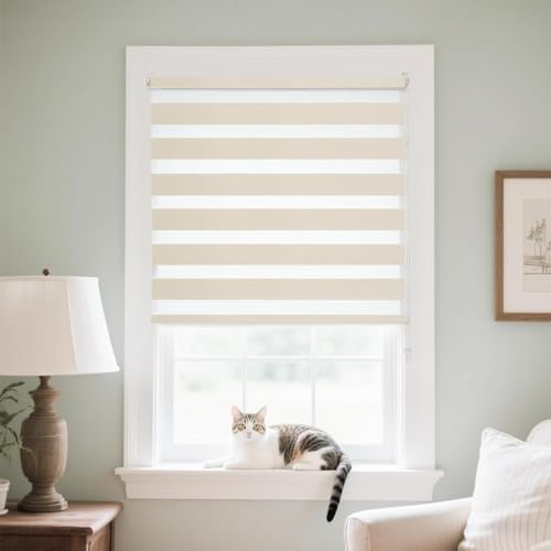 Joydeco Store Enrouleur Jour Nuit sans Perçage, Facile à Installer avec Clips, Tissu Double Occultant pour Fenêtre ou Porte, Protection Solaire, Protection Vie Privée, Beige Clair, 65l x 120L cm