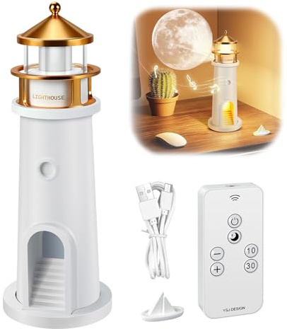 Liamostee Faro decorativo, Lampada luna a LED, Luce di Proiezione Lunare, Lampada faro con telecomando, Proiettore di luci nordiche, soggiorno lighthouse
