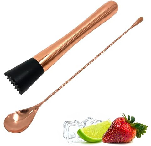 Chabrias Ltd Copper Muddler & Collison Bar Spoon Bar Muddler, Twisted Spoon, Fruit Masher, Stainless Steel Copper Finish, Cocktail Accessories & Tools