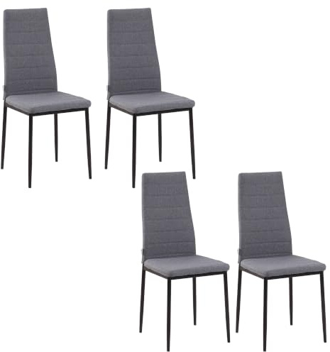 HOMCOM Lot de 4 Chaises de Salle à Manger Rembourrées Dossier Haut Gris | Chaises de Cuisine, Pieds en Métal, Tissu en Lin, pour Salon, Chambre, Cuisine