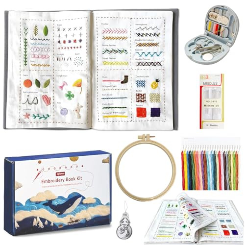 BUERPINKING Set da ricamo per adulti, set da ricamo per principianti, set da ricamo con libro da ricamo in lino, kit Embroidery con varietà di modelli con istruzioni per cucire, strumenti da cucito e