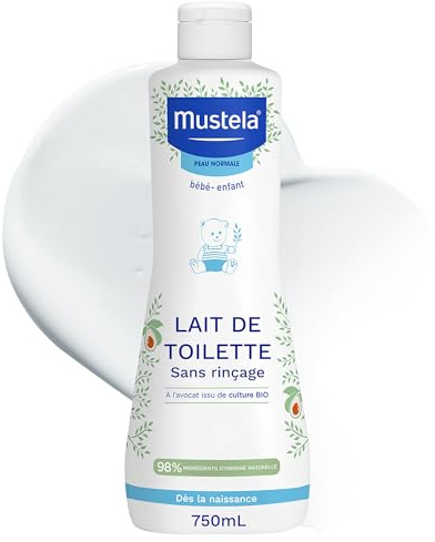 Mustela - Lait de Toilette Bébé Sans Rinçage - Soin Nettoyant et Favorisant l'Hydratation - 98% d'ingrédients d'origine naturelle - Haute Tolérance - Hygiène Bébé Douce Visage et Siège - Peau Normale
