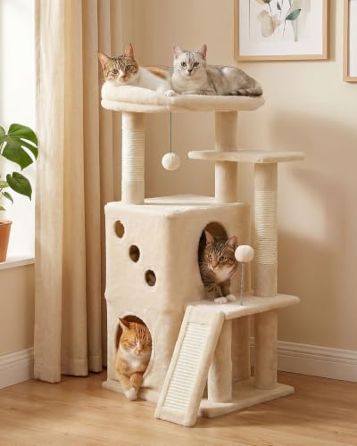 PETEPELA Arbre à chat de 88 cm pour chats d'appartement avec large surface de couchage supérieure, grotte privée et colonne griffeuse en sisal, tapis à gratter pour chats d'appartement, beige