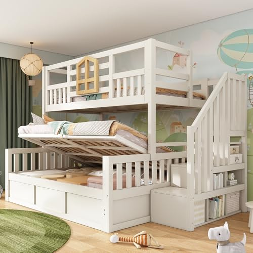 SURUEO Bunk Beds for Kids, Staircase Bunk with Hydraulic Storage, Children's Bed with Storage Cube, Double Bunk Bed for Family with Multiple Children, (90+135) x 190 cm, Solid Wood, White
