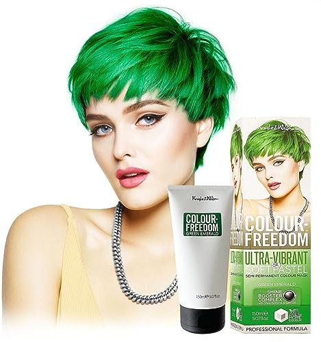 Knight & Wilson Colour-Freedom Green Emerald Semi-Permanent Hair Colour Ultra-Vibrant Vegan Colour Mask with Shine Booster Complex Ammonia Free lasts Up To 6-10 Washes, 150ml,Packaging may vary