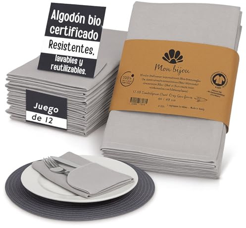 mon bijou® Set 12 Tovaglioli di Stoffa Grigio Chiaro 45x45 cm – 100% Cotone Organico Certificato GOTS – Lavabili Riutilizzabili – Eleganti e Sostenibili per Tavola Natale Pasqua Cucina