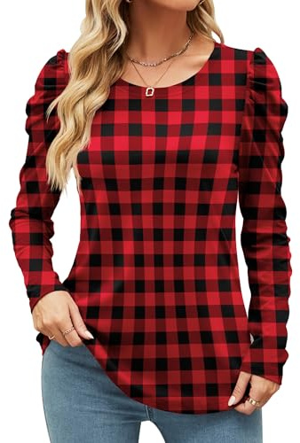 Ivicoer Womens Lightweight Checked Long Sleeve Blouses Cute Puff Sleeve Tops Red Black Plaid Loose Fit Shirts, M