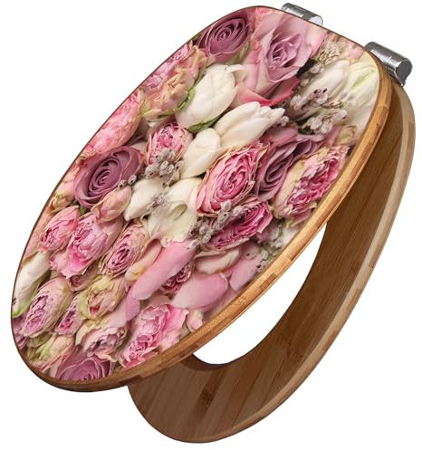 banjado Design WC Sitz Bambus Absenkautomatik 45,8x37,5cm / Toilettendeckel mit Absenkautomatik Holz/hochwertiger Bambus Klodeckel/WC-Sitz für gängigen Toiletten/Motiv Strauss Rosen