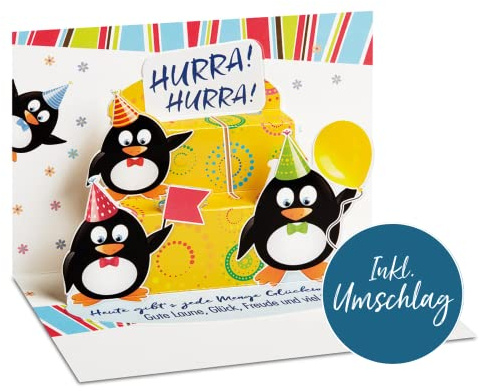 BSB Tarjeta de cumpleaños emergente con diseño de pingüino, 11,5 x 17 cm, sorprendente tarjeta de cumpleaños para hombre y mujer con sobre