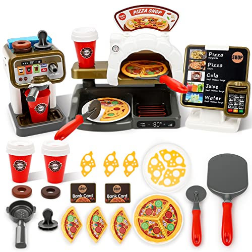 deAO Coffee & Pizza Shop Kinder, Café-Spielzeug für Kinder Inkl. Kaffeemaschine mit Wasser, Lesegerät mit Sound Rollenspiel Spielzeug für Mädchen Jungen ab 2 3 4
