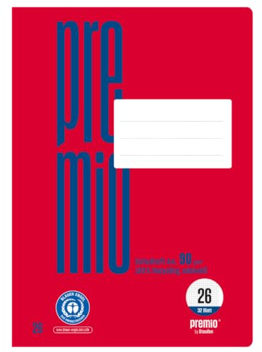 Staufen premio skolhäfte – 2 häften vardera, 32 ark, DIN A4, linjerat 26 (rutig med kant), 90 g/m² återvunnet papper, runda hörn förhindrar åsneöron