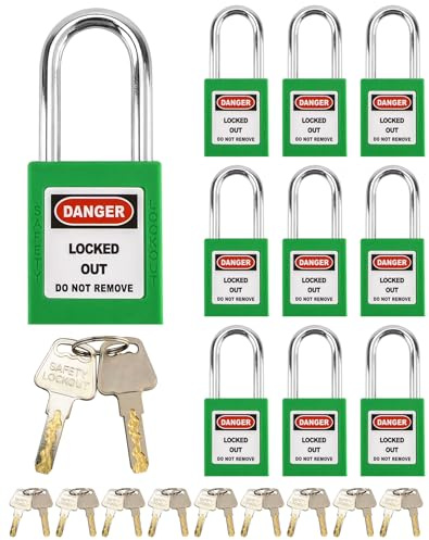 QWORK Lockout Tagout Locks, Safety Padlock, 10 Green Padlocks with 20 Keys, Keyed Different, for Lock Out Tag Out Stations and Devices