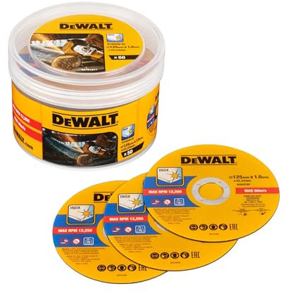 DEWALT DT20598-QZ - Disco de corte de acero inoxidable, ø 125 mm x 1,0 mm, Cortes rápidos y limpios, Para amoladoras angulares, Incluye 50 piezas en un cubo