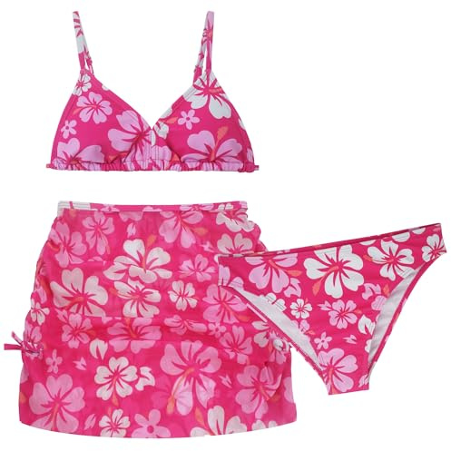 Maeau Traje de baño de tres piezas para niños y niñas, traje de baño estampado hawaiano/con coloración de la ropa de playa, 8-14 años, altura 130-160 cm, 03 Rose Red, 12-13 años