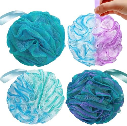 KISUOMAOYI Loofah Shower Puff 4Pcs - Ultra Soft Mesh Bath Sponges for Adults Exfoliating, Scrubbing and Cleaning - Body Scrubbers for Use in Shower-60g(Green)