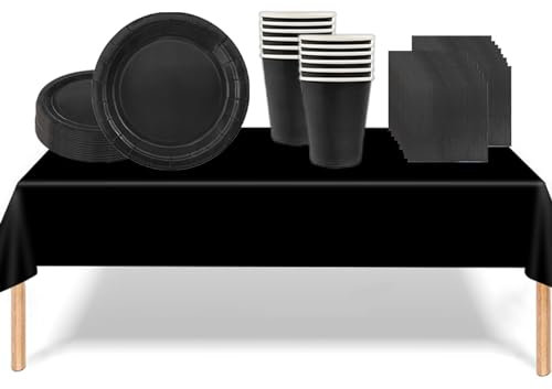 53PCS Midnight Black Tableware Decorations for Kids Birthday,Disposable Party Tableware Set Tablecloth Table Covers,7inch Paper Plates,Paper Napkins,Cups for Xmas Birthday Wedding Party Favor