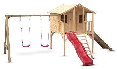 Wood&Play Casetta per bambini Borys - Facile montaggio fai da te - Struttura robusta e durevole - Legno - Materiale innocuo e rinnovabile - 425 x 300 cm + scivolo, altalena e rampa