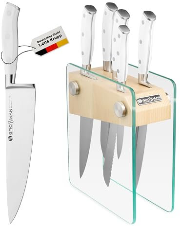 GROSSMAN® Mirabel Bloque de cuchillos | Juego de cuchillos con bloque | Cuchillas de acero inoxidable alemán | Bloque de cuchillos | Set de cocina (Beige | Blanco señal, 5 piezas)