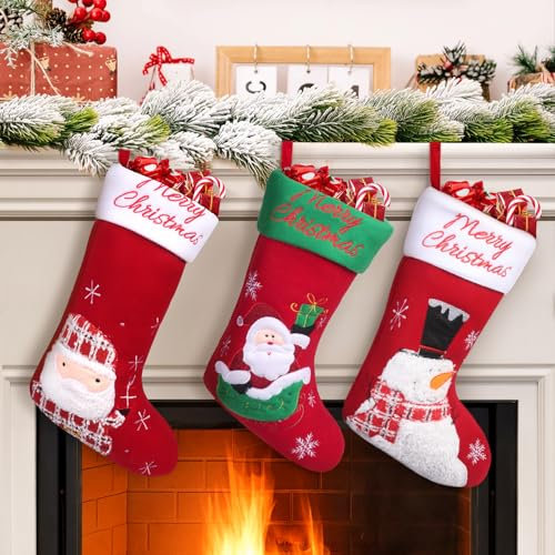 Figarge Weihnachtsstrümpfe 3 Stück Rot Weihnachtsstrumpf Personalisiert zum Befüllen und Aufhängen, Nikolaussocke für die Dekoration von Weihnachtskaminen, Treppe, Schaufenster (Stil A)