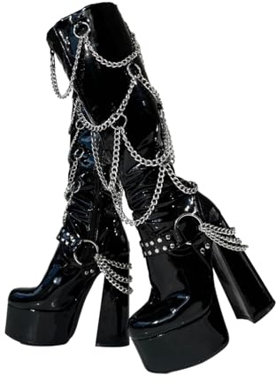 Frankie Hsu Goth Sexy Chunky Platform Stivali con tacco alto, nero vernice argento multi catena rivetti fibbia gotico, punk Y2K Hot Girl Big Large Size Wide Vitello scarpe per donne uomini, nero, 39.5