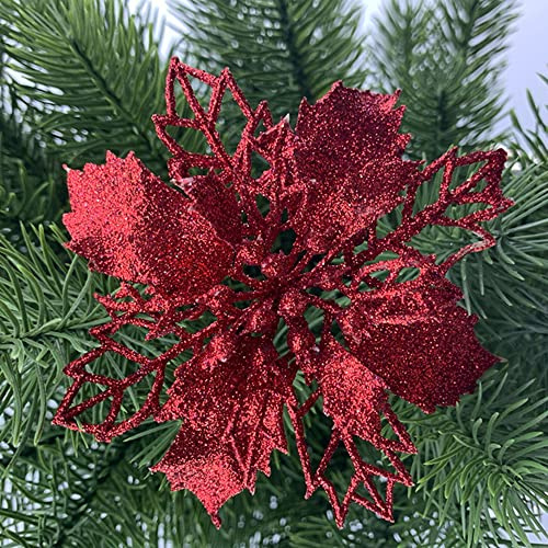 Anevous 12 stycken glitter julblommor, julstjärna, konstgjorda blommor, dekorativa blommor, jul, julblommor, dekoration för julgran, ornament, bröllop, 9 cm, röd