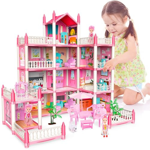 deAO Maisons De Poupées pour Filles avec Mobilier Et Aménagements,14 Chambres,4 Personnages,4 Étages,Maison Enfant Jouet Fille 3 4 5 6 Ans
