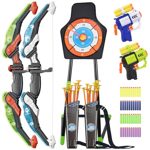 2 Pack Kids Bow And Arrow Set, with LED Light Up Archery, 20 Suction Cup Arrows, 2 Quiver, 1 Standing Target, 2 Soft Dart Guns&50 Soft Darts, Indoor Outdoor Birthday Gifts Toys for Boy Girl Ages 4-12