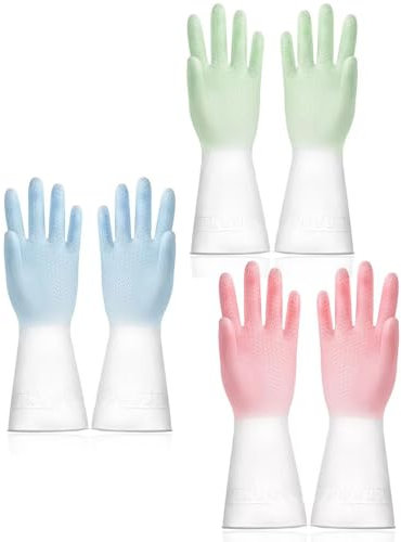 JEXOWIQ 3 Paires Gants de Ménage, Gants de Nettoyage en Caoutchouc, Longs Réutilisables Gants de Nettoyage de Cuisine pour Laver la Vaisselle Nettoyage du Linge Gants,Le Linge,Le Jardinage (Taille M)
