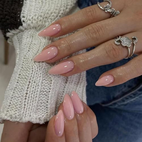 Calkkrer 24 pièces Dusty Baby Pink Press On Nails, ongles en amande à coller, faux ongles, ongles artificiels, ongles en gel acrylique faits à la main, ongles French Press On