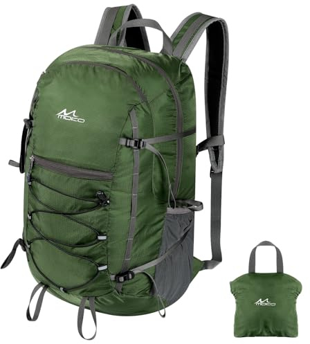 MoKo Wanderrucksack, 40L große Kapazität Camping Rucksack mit Mehreren Taschen, reißfeste Reise Tagesrucksack für Männer Frauen, packbar und leichte Wanderung Tagesrucksack für Reisen Outdoor, Olive