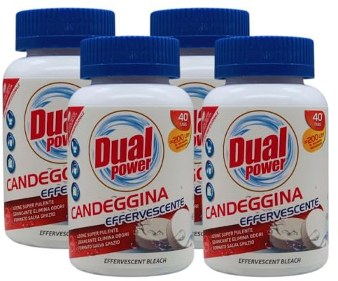 Candeggina Effervescente Multiuso, Azione Super Pulente, Sbiancante Elimina Odori, Formato Salva Spazio 40 Tabs con Tappo di Sicurezza (4 Unità)
