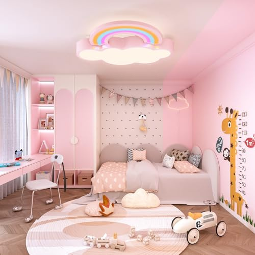 Vrygle Rainbow Ceiling Light Kids Room: Flush Mount LED Lights Cartoon Children Room Night Lamp 3 Lighting Colors Cloud Shape for Bedroom, Kindergarten,Nursery, Pink for Girls